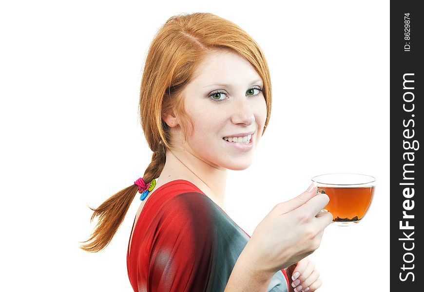 Girl with cup of tea isolated on white