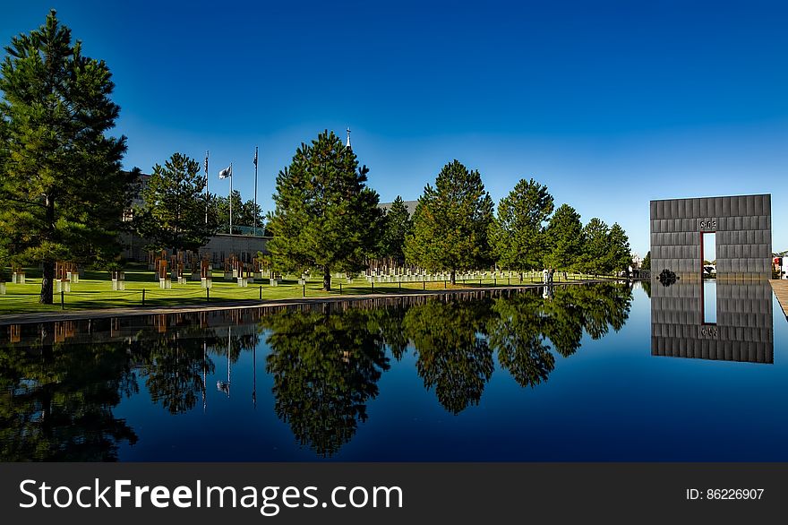 Oklahoma National City Memorial reflecting on lake, USA.