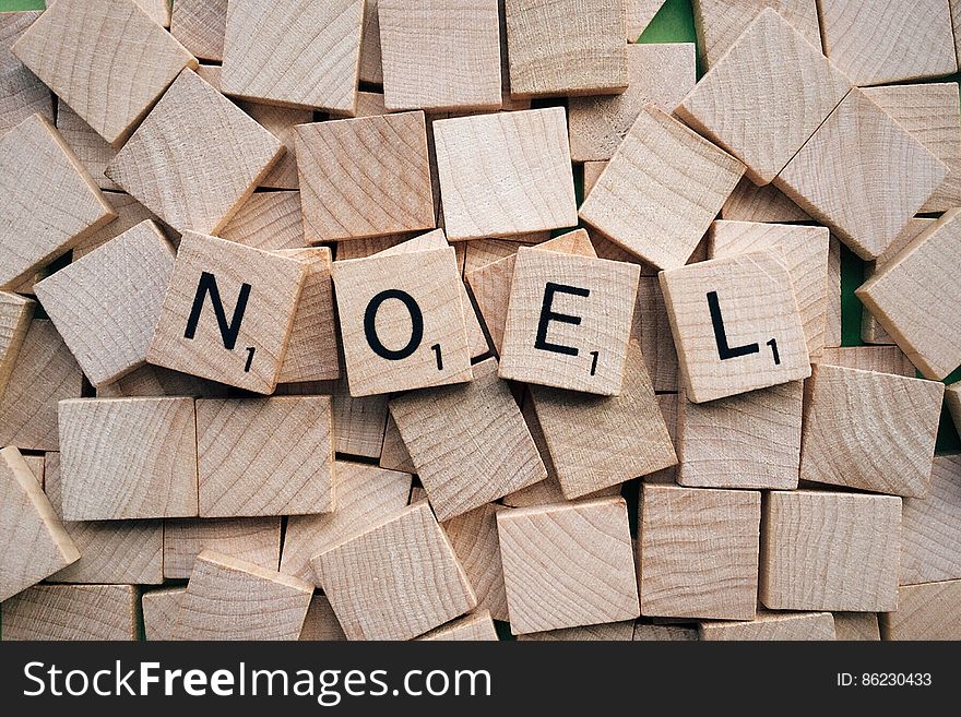Wooden cubes with letters forming word Noel. Wooden cubes with letters forming word Noel.