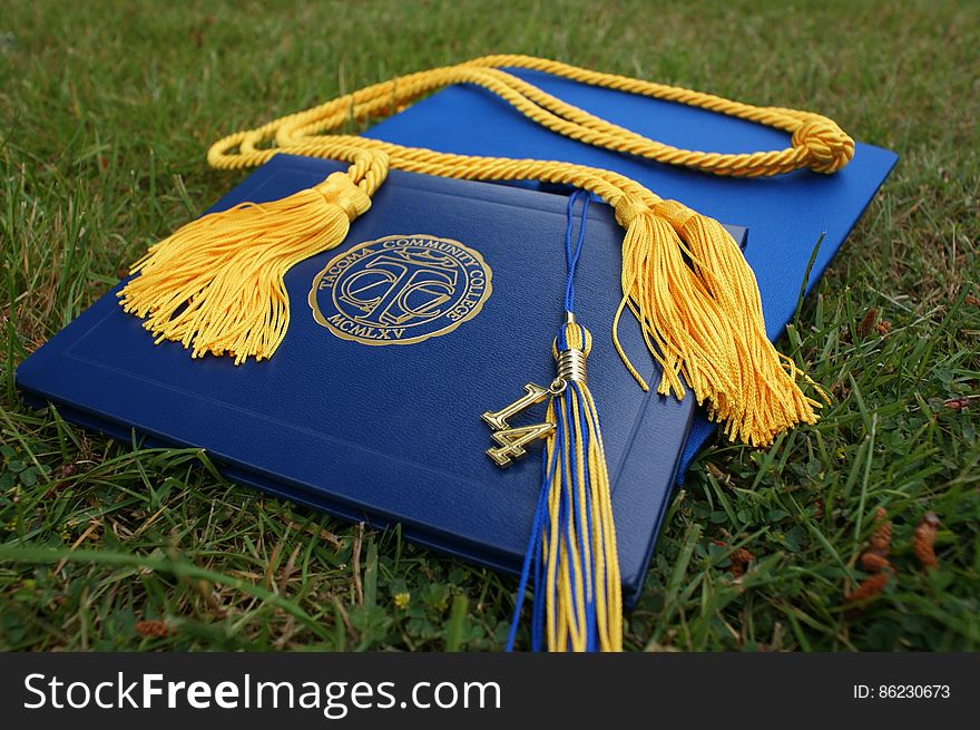 Blue and yellow university graduation mortarboard cap on grass.