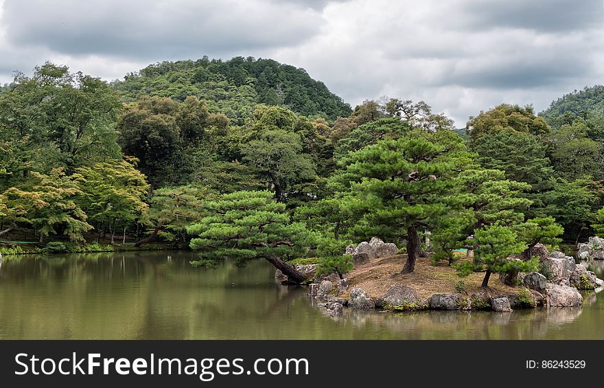 The classical Japanese gardens of the Rokuon-ji temple complex where the Kinkaku-ji is located.