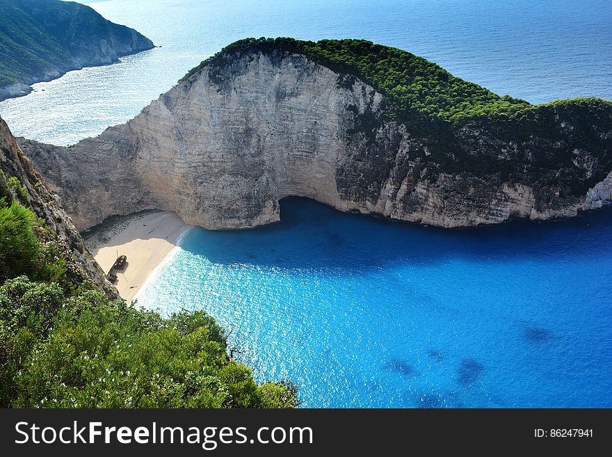 Aerial view of the famous Navagio beach in Zakynthos, Greece.
