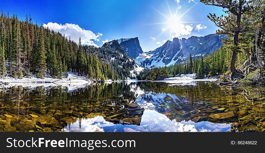 Mountain lake on a sunny winter day, the landscape around reflecting on its surface. Mountain lake on a sunny winter day, the landscape around reflecting on its surface.