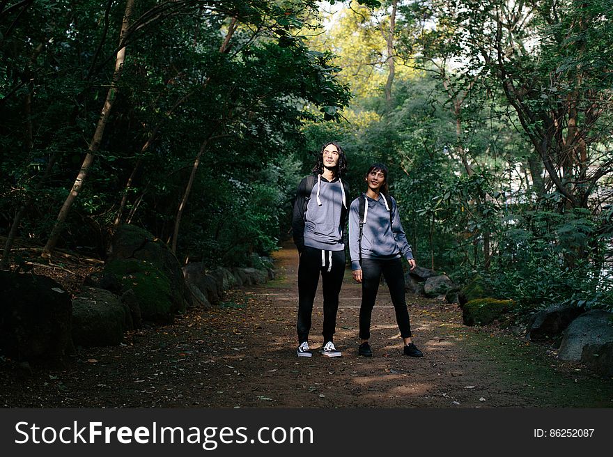 Rear View of Couple Walking in Forest