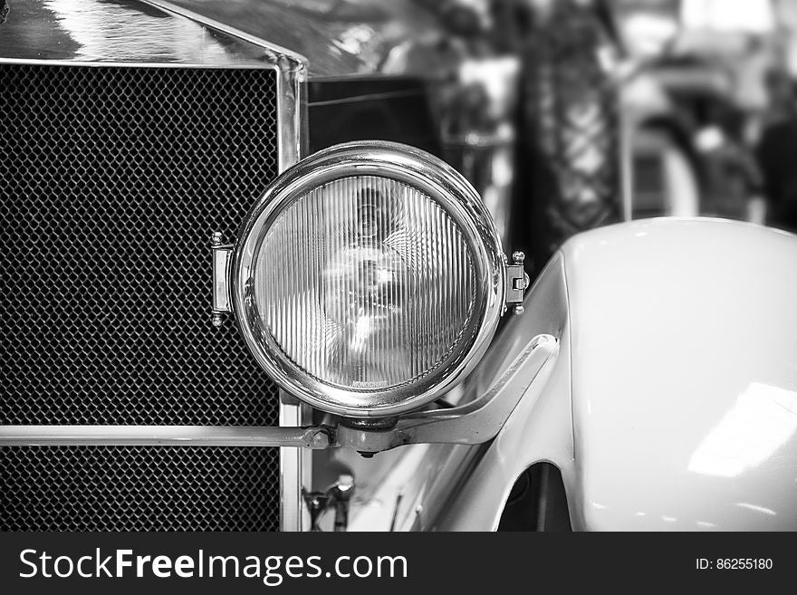 Classic Car Headlight Grayscale Photo