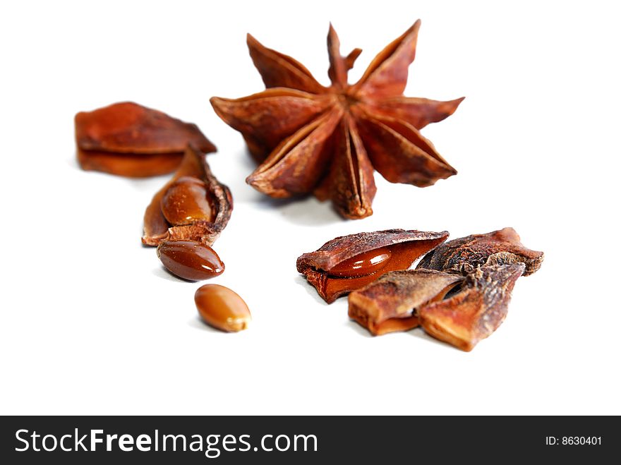 Close up anise star in white background