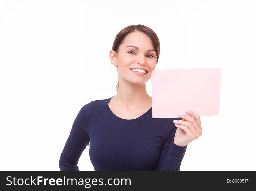 Happy young woman showing sign, card. Happy young woman showing sign, card
