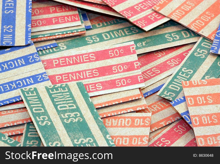 A collage of coin wrappers. A collage of coin wrappers.