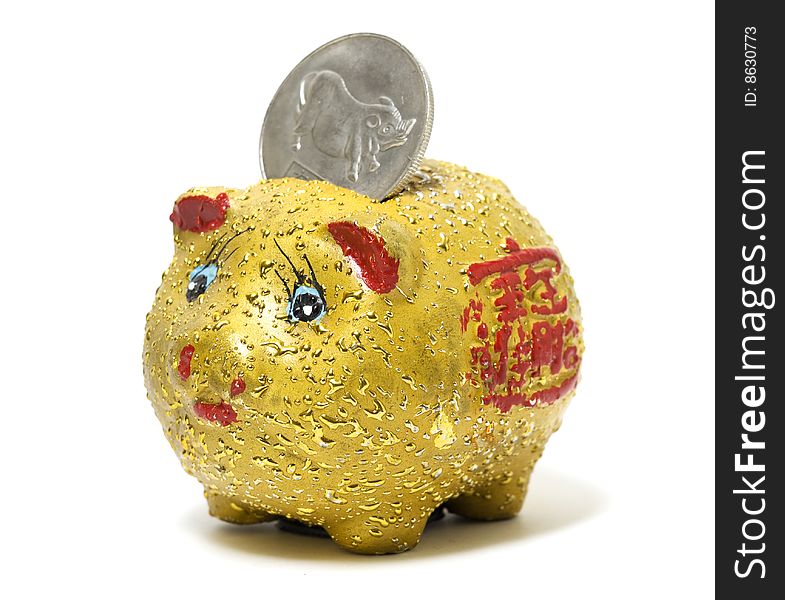 Funny yellow piggy bank at save money