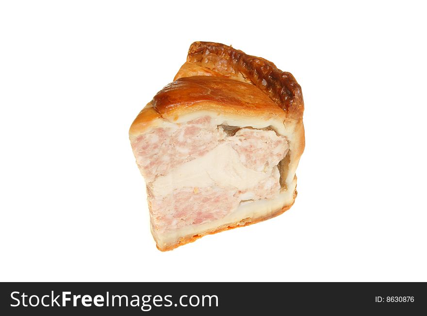 Slice of pork and chicken pie isolated on white. Slice of pork and chicken pie isolated on white