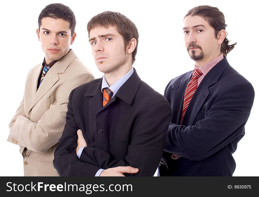 Three business serious men white isolate. Three business serious men white isolate