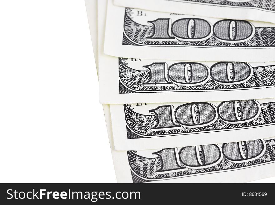 One Hundred Dollar Bills isolated over white. Close-up shot. One Hundred Dollar Bills isolated over white. Close-up shot