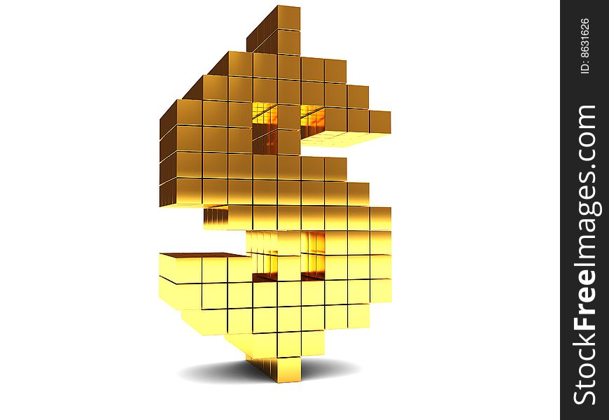 Abstract 3d illustration, golden dollar sign built from blocks