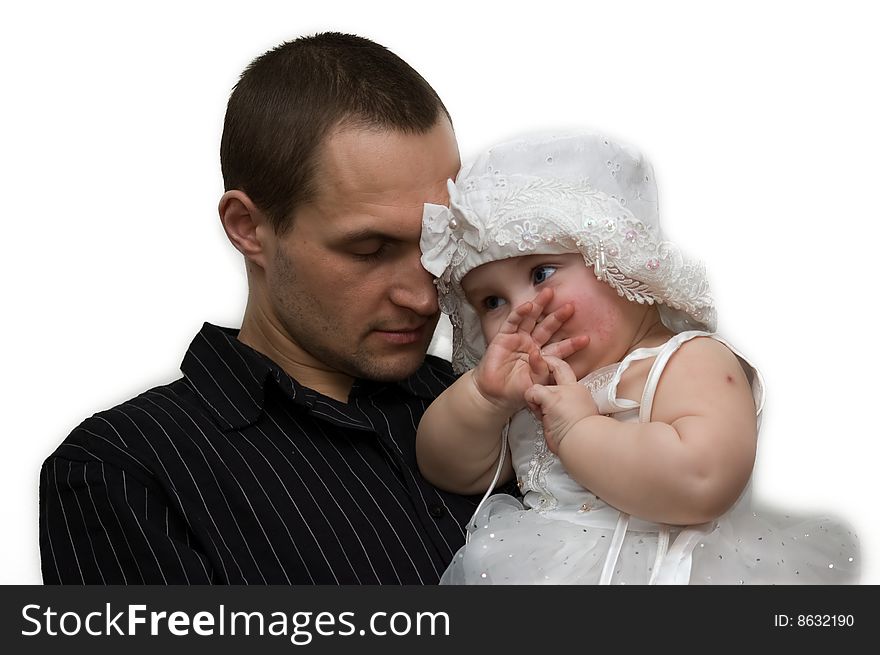 Young father holding his adorable babygirl in nice white dress and hat. Young father holding his adorable babygirl in nice white dress and hat