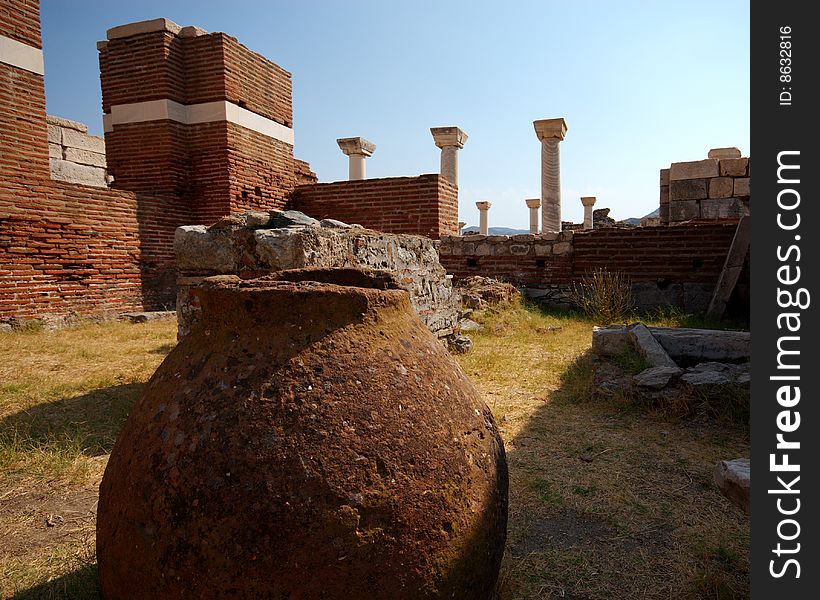 An ancient amphora rests in the Church of St John, Selcuk, Turkey. An ancient amphora rests in the Church of St John, Selcuk, Turkey