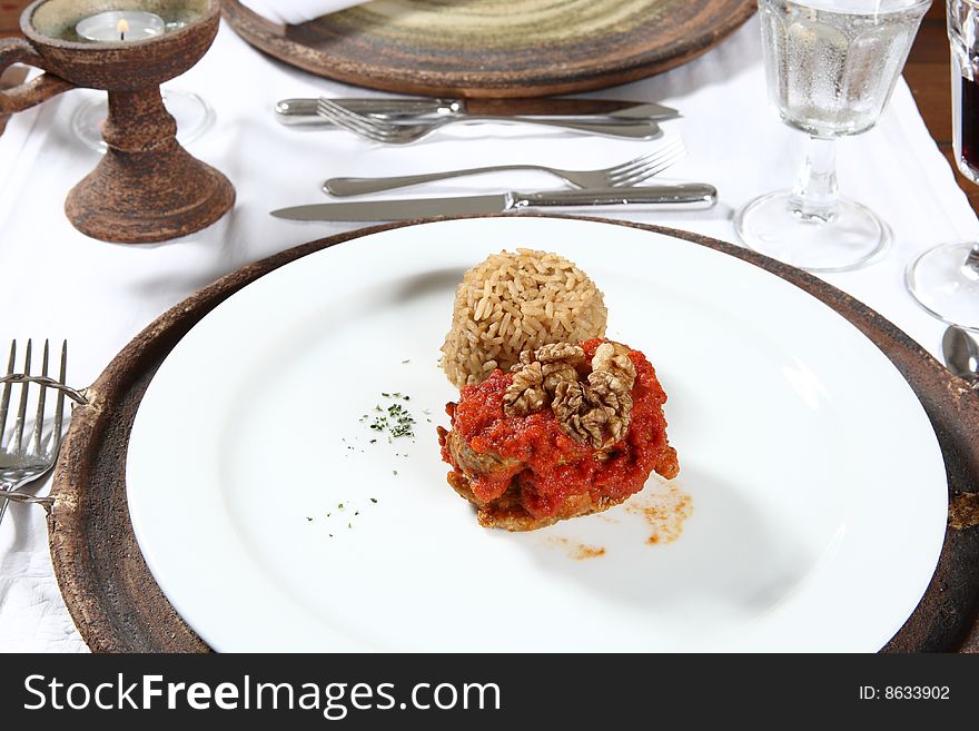 Delicious gourmet plate of beef and rice