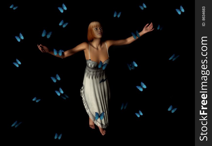 A woman standing in the middle of a butterfly swarm. (The woman is a computer generated 3d model so no model release is needed.). A woman standing in the middle of a butterfly swarm. (The woman is a computer generated 3d model so no model release is needed.)