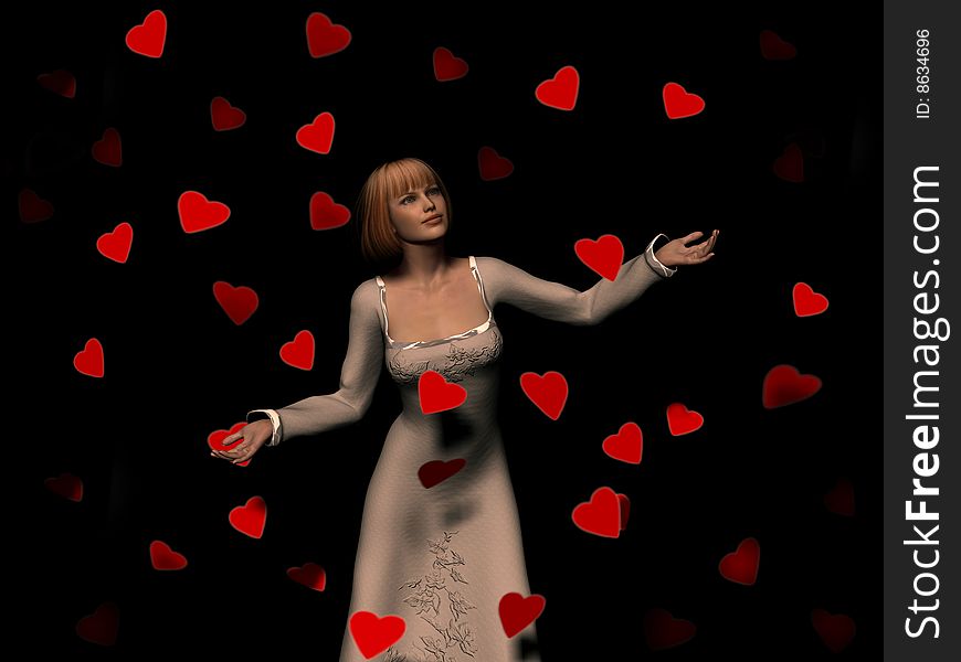 A woman surrounded by a lot of red falling hearts. (The woman is a computer generated 3d model so no model release is needed.). A woman surrounded by a lot of red falling hearts. (The woman is a computer generated 3d model so no model release is needed.)