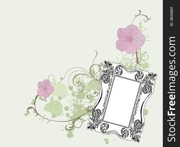 Illustration of a retro frame and flowers