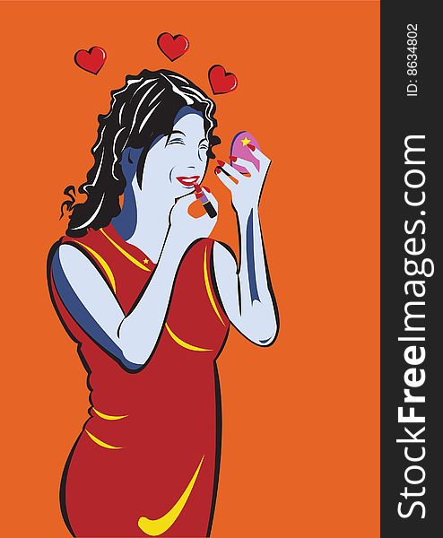 Vector illustration of a girl applying a lipstick with three harts around her head. Pop-art style. Vector illustration of a girl applying a lipstick with three harts around her head. Pop-art style.