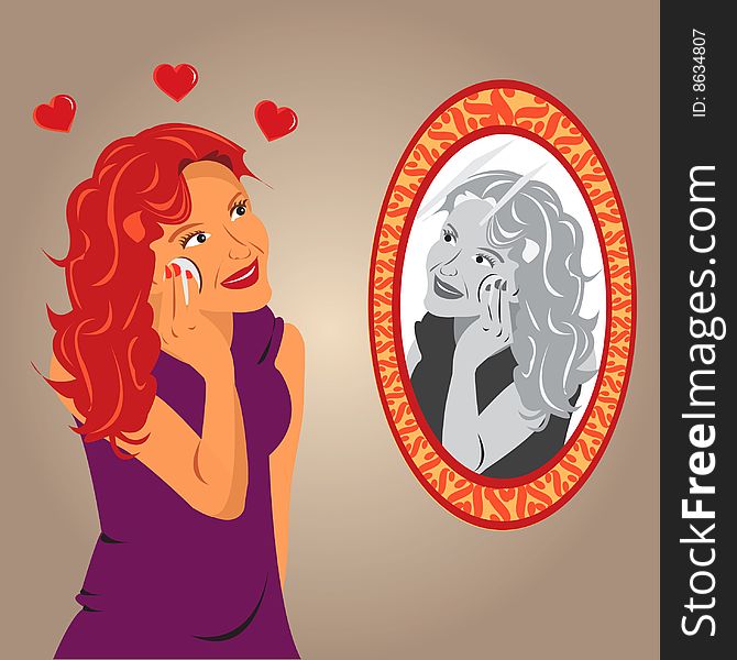 Vector illustration of a girl in front of mirror applying makeup, with three harts above her head. Vector illustration of a girl in front of mirror applying makeup, with three harts above her head