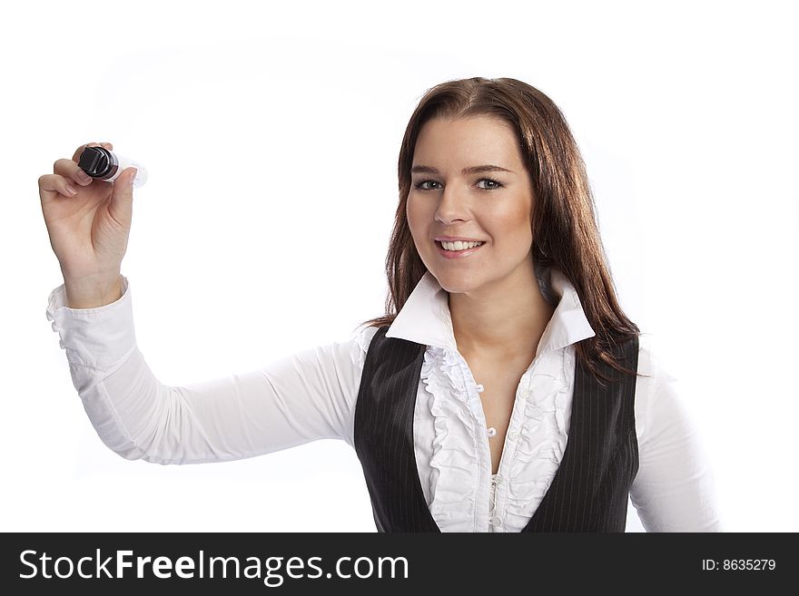Isolated business woman holding marker over white background. Isolated business woman holding marker over white background