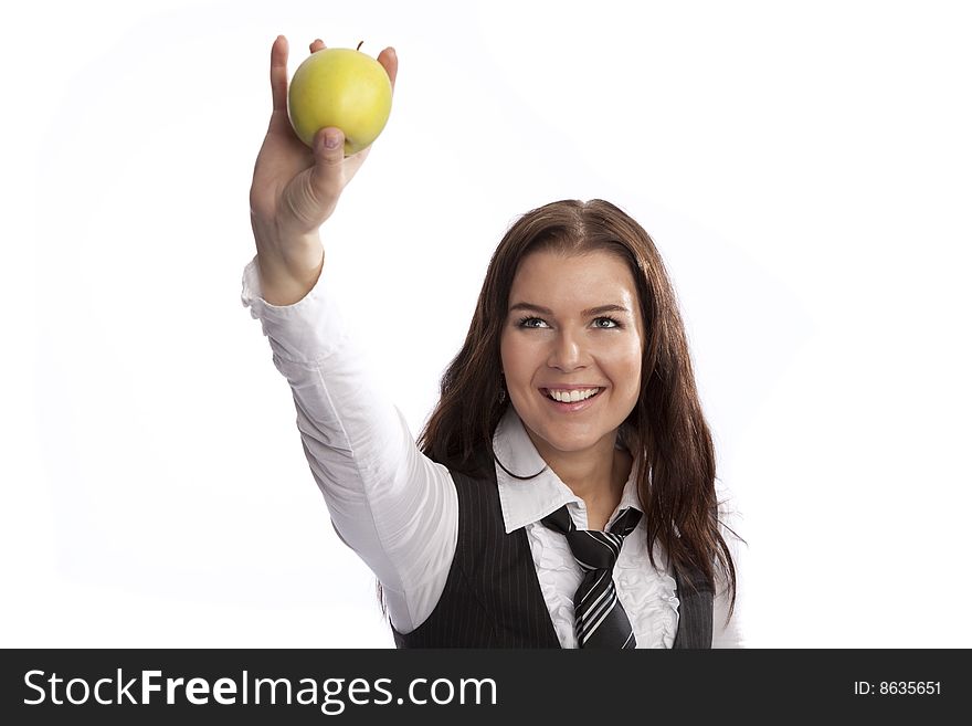 Isolated business woman holding green apple white background. Isolated business woman holding green apple white background