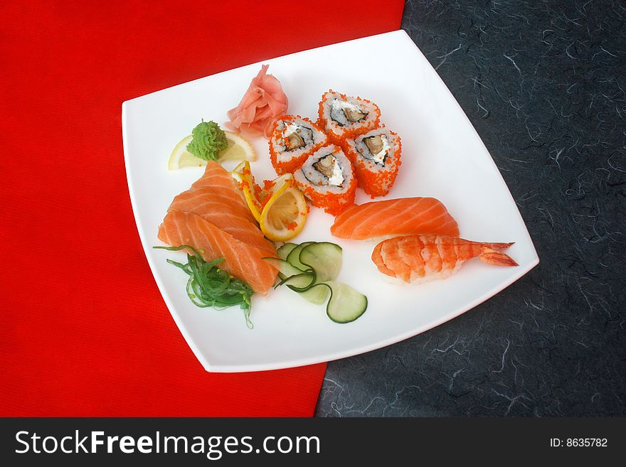 Sushi roll on a bright background
