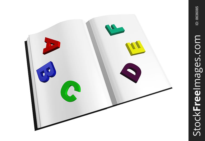 Opened book with colored letters isolated