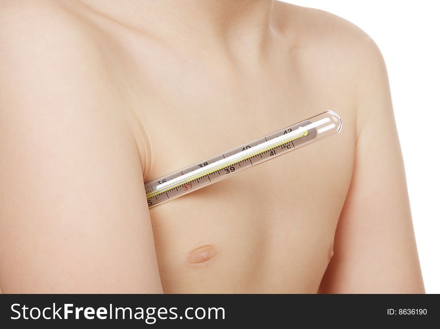 The medical thermometer an armpit at the child on a white background