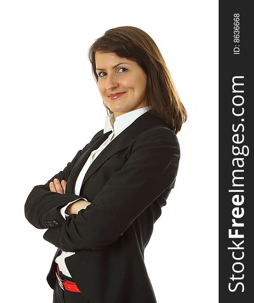 Smiling young business woman isolated on a white background