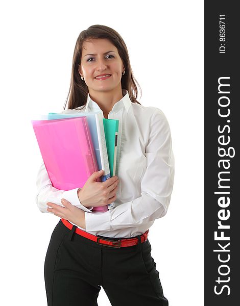 Smiling young business woman isolated on a white background