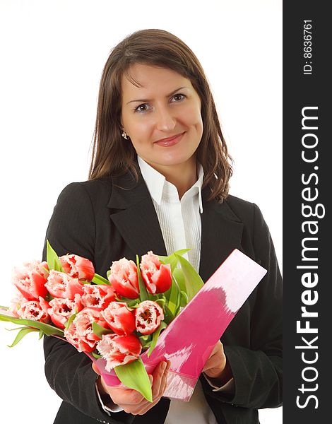 Smiling young business woman isolated on a white background