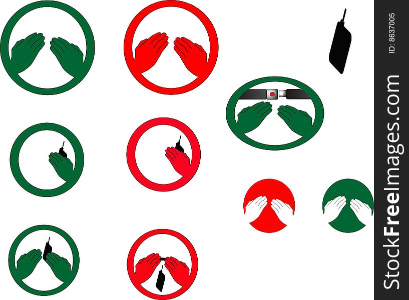 The graphic images, for hands free, and hands allowed, plus the graphical user interface of the seatbelts required. All represent numerous usages of these universal symbols, allowed and not allowed are symbolized in the red and green colors. The graphic images, for hands free, and hands allowed, plus the graphical user interface of the seatbelts required. All represent numerous usages of these universal symbols, allowed and not allowed are symbolized in the red and green colors..