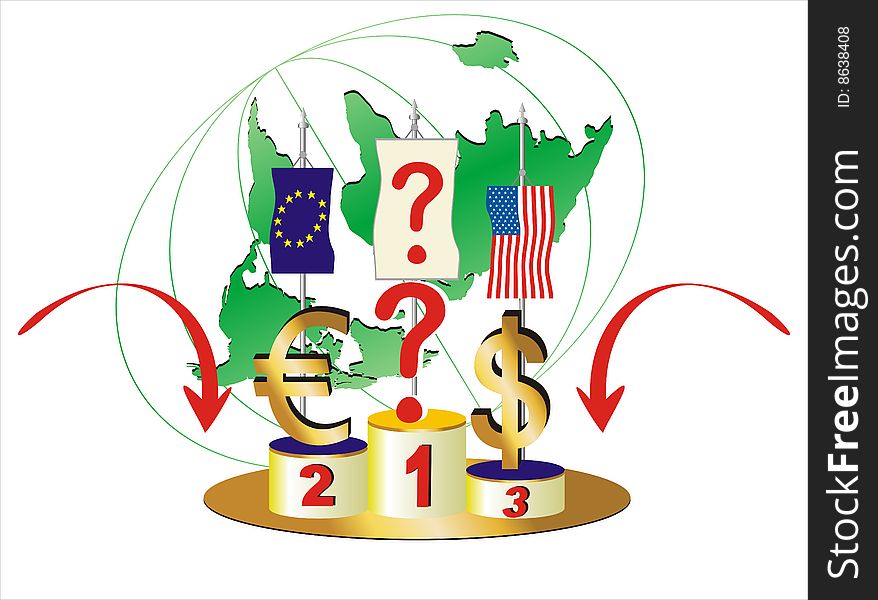 The question is Which currency will be the winner. This vector illustration can be used in economic and financial crisis theme. The question is Which currency will be the winner. This vector illustration can be used in economic and financial crisis theme.