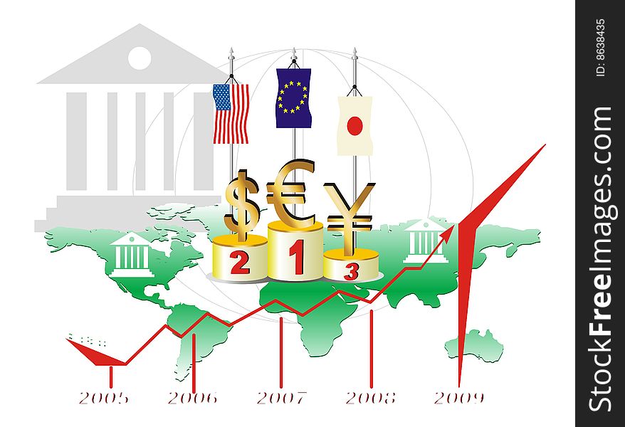 Vectorial illustration about the competition between the euro, dollar and yen in economic crisis times. The viewers are: two small banks and the World Bank. Vectorial illustration about the competition between the euro, dollar and yen in economic crisis times. The viewers are: two small banks and the World Bank.