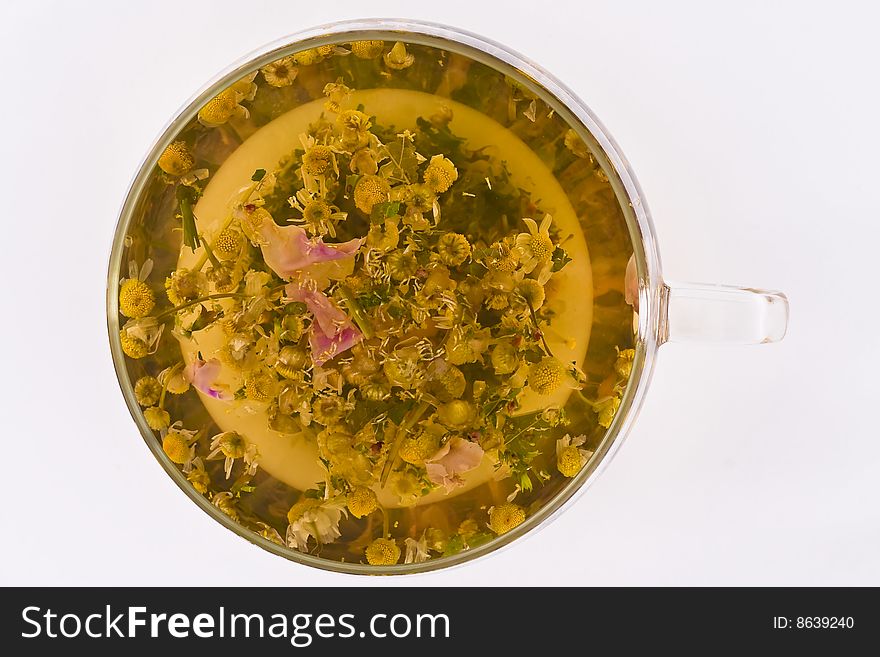 Herbal tea viewed from top on isolated background