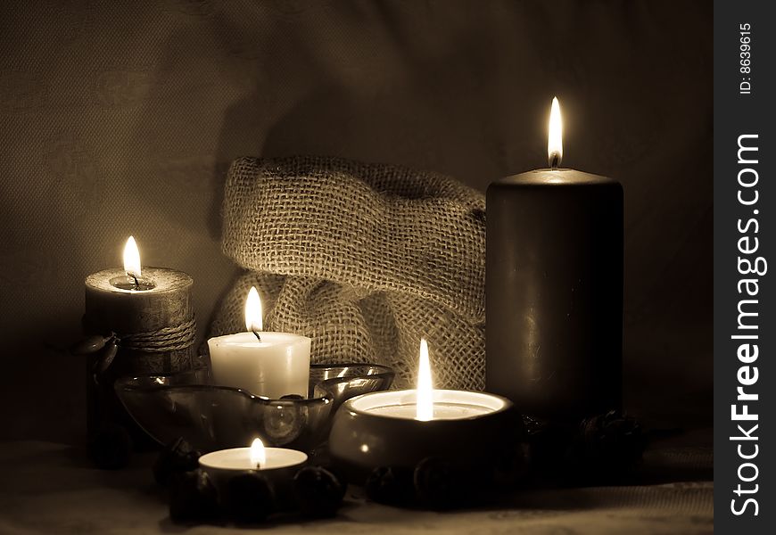 Aromatic candles composotion to make mood relaxing in sepia. Aromatic candles composotion to make mood relaxing in sepia