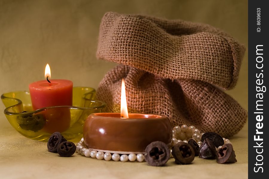 Aromatic candles composotion. Spa still life. Aromatic candles composotion. Spa still life