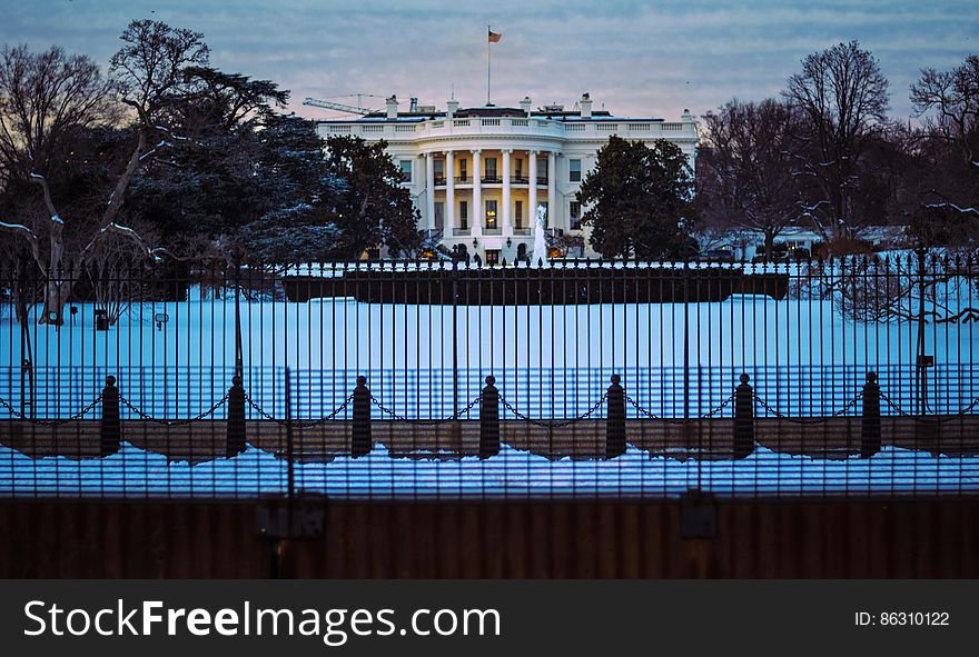 Barricades bar access to the White House on a snowy day in Washington, DC. Dedicated to the public domain with a CC0 license. Barricades bar access to the White House on a snowy day in Washington, DC. Dedicated to the public domain with a CC0 license.