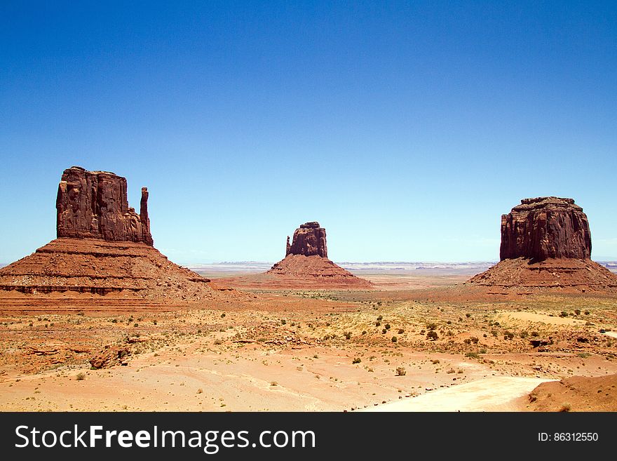 Mitten sandstone buttes in Monument Valley, Arizona on sunny day.