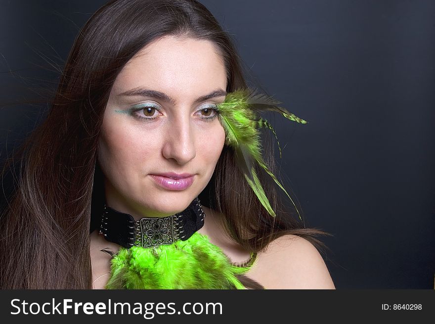 Portrait beautiful woman with blowing hair and feathers. Portrait beautiful woman with blowing hair and feathers