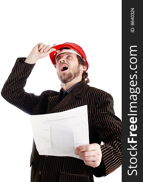 Stock photo: an image of a builder in red cap
