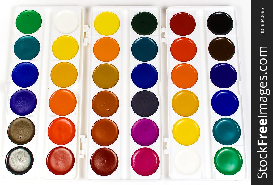 The big set of water colour paints in white plastic