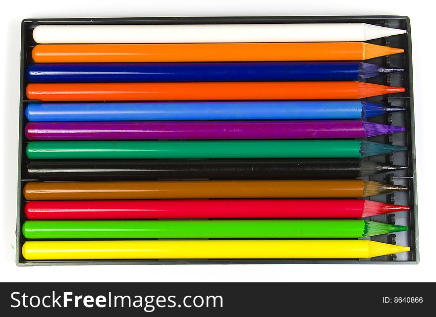 The black plastic packing, twelve multi-coloured pencils