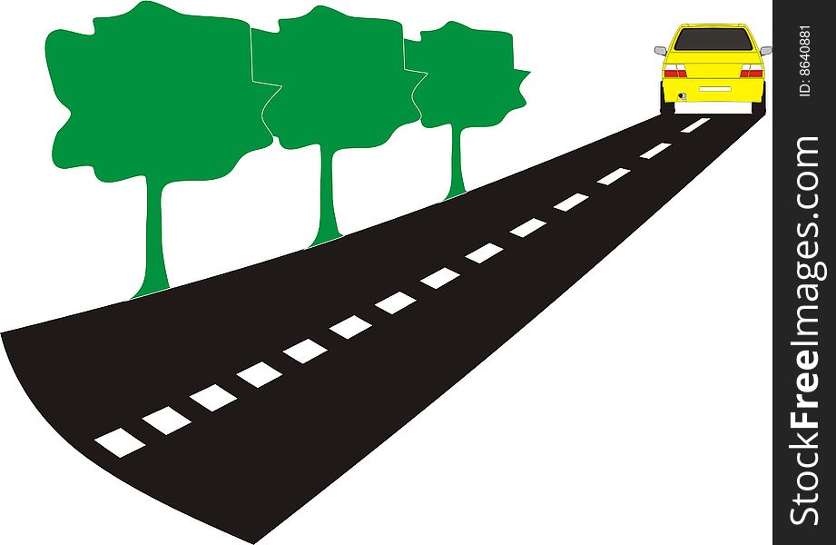 Car on the road with trees - vector illustration. Car on the road with trees - vector illustration