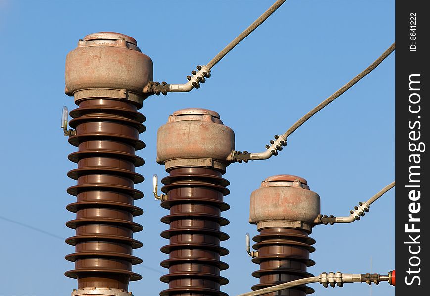 Large HV insulators in transformer station. Large HV insulators in transformer station