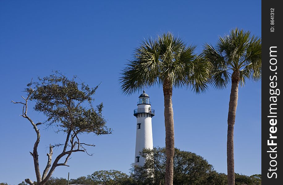 Palm trees against a blue sky in front of a white lighthouse. Palm trees against a blue sky in front of a white lighthouse