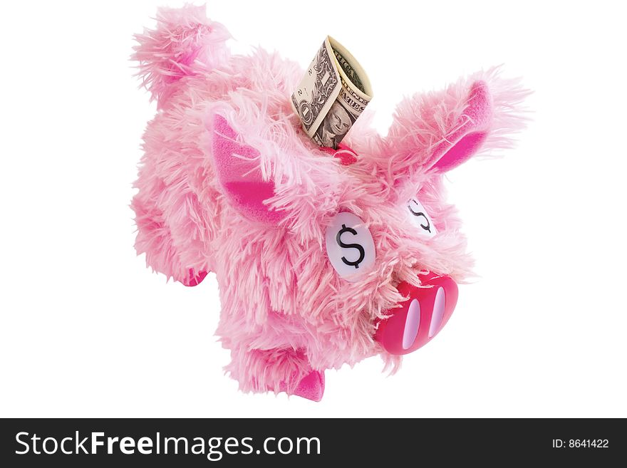 Pink furry piggy bank isolated on white background
