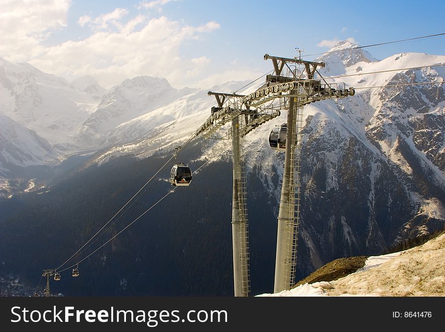 Rope-way in Caucasian mountain